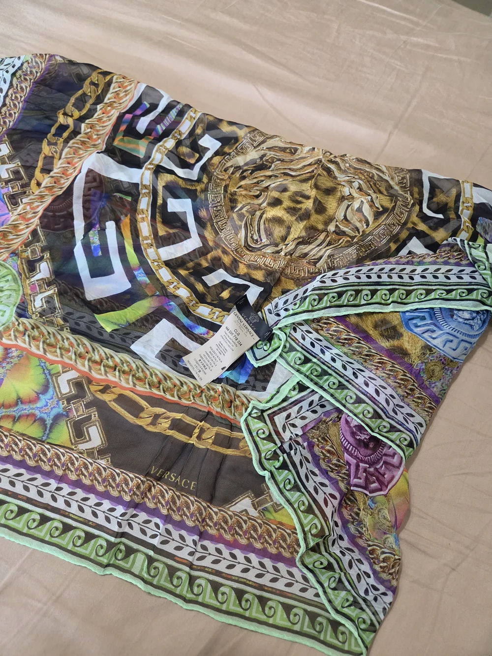 Authentic Versace 100% Silk Medusa Greek Key Multicolor Scarf Shawl Made Italy